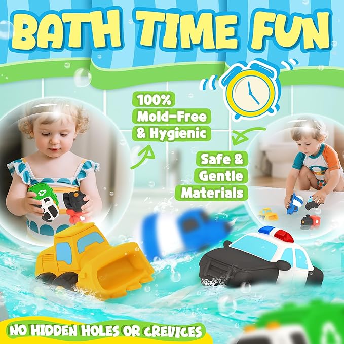 6 PCS Vehicle Floating Bath Toys Mold Free Infant Bath Tub Toys for 12 Months - No Hole Bathtub Toys for Toddlers 1-3 Water Pool Toys for Baby Toddler Ages 1+-CubbioJoy
