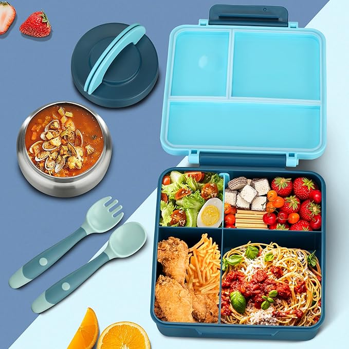 Bento Lunch Box for Kids with 8oz Soup Thermo&Lunch Bag, Leak-Proof Lunch Food Containers with 4 Compartment, Hot Food Insulated Food Jar for Kids School (Blue)-CubbioJoy
