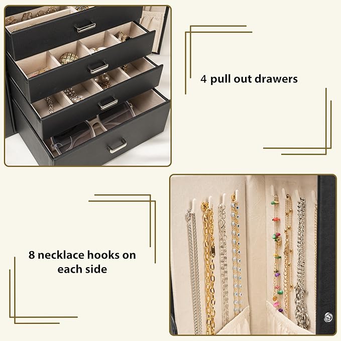 AKOZLIN 5-Tier Jewelry Box Lockable Leather Jewelry Storage Case with 4 Drawers for Women Girls Ring Necklace Earring Bracelet Watches Holder Organizer with Mirror-CubbioJoy