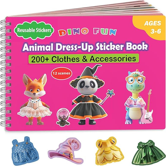Dino Fun Animal Dress-up Sticker Book for Kids, Reusable Sticker Book for Toddlers 2-4 Years,12 Animals+Over 200 Cloths & Accessories,Sticker Dress up - Removable Sticker Activity Book for Girls-CubbioJoy