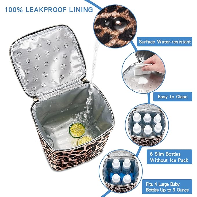 BreastMilk Cooler Bag with Ice Pack Fits 4 Baby Bottles Up to 9 Ounce, Baby Bottle Bag for Nursing Mom Daycare-Leopard Print-CubbioJoy