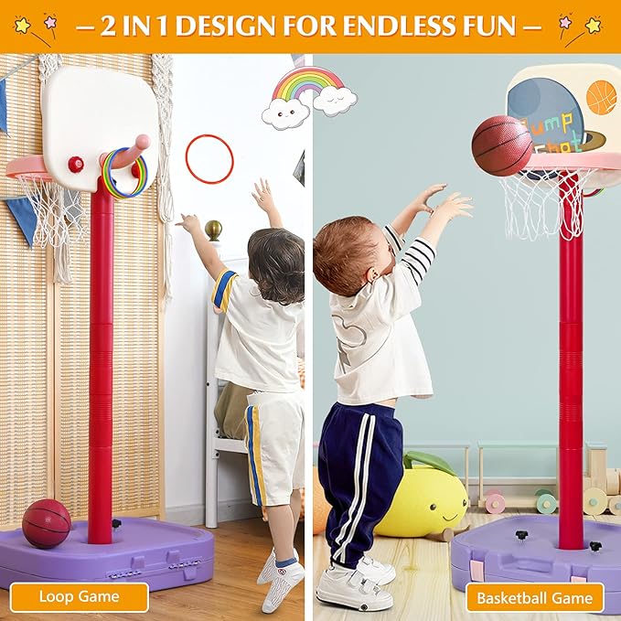 Costzon Kids Basketball Hoop, 2 in 1 Toddler Basketball Hoop Toy Set with Ring Toss & Storage Box for Boys Girls Baby, Portable Basketball Hoop Stand with Adjustable Height for Indoor Outdoor-CubbioJoy