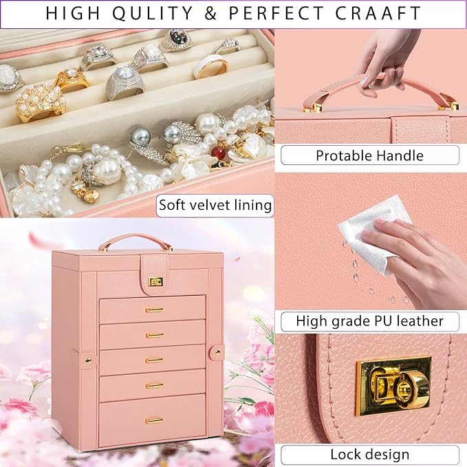 AKOZLIN Large Jewelry Box Organizer Functional Lockable with Big Mirror, Leather Jewelry Storage Case for Women Girls Ring Necklace Earring Bracelet Holder Organizer Pink-CubbioJoy