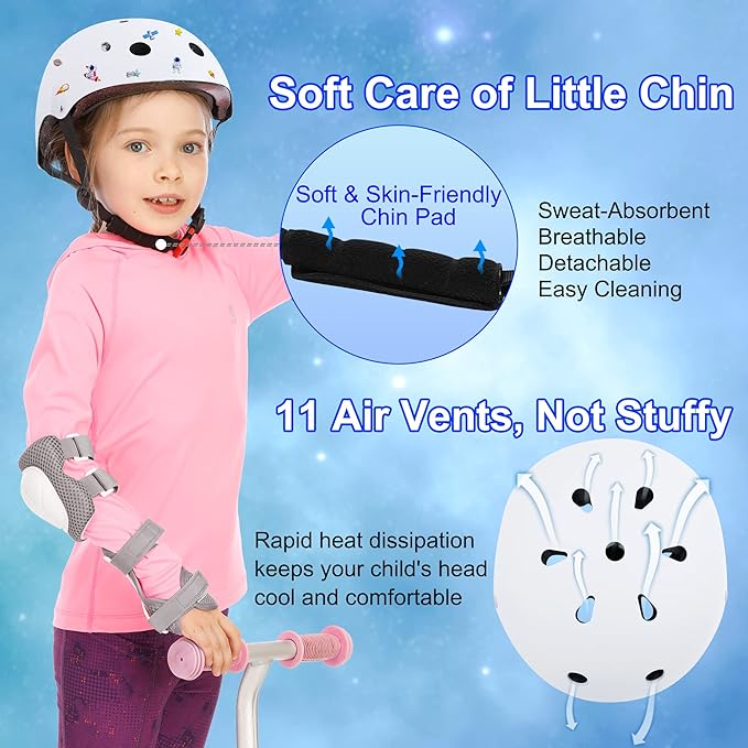 Kids Bike Helmet with DIY Stickers and Knee Pads Elbow Pads Wrist Guard Set for Ages 3-8-14 Toddler Boys Girls Helmet for Roller Skates Cycling Skateboarding Bicycle Scooter-CubbioJoy