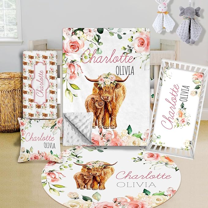 Custom Crib Bedding Set - Highland Cow Design Personalized Name Baby Nursery Bed 3 Pcs Set - Chic Soft Blanket with Dotted Backing, Sheet, Pillowcase for Newborn Girls Boys Gifts Color02-CubbioJoy