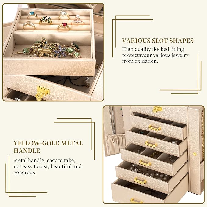 AKOZLIN 6-Tier Jewelry Box Organizer Functional Leather Jewelry Storage Case for Women Girls Ring Necklace Earring Bracelet Holder Organizer with Mirror-CubbioJoy