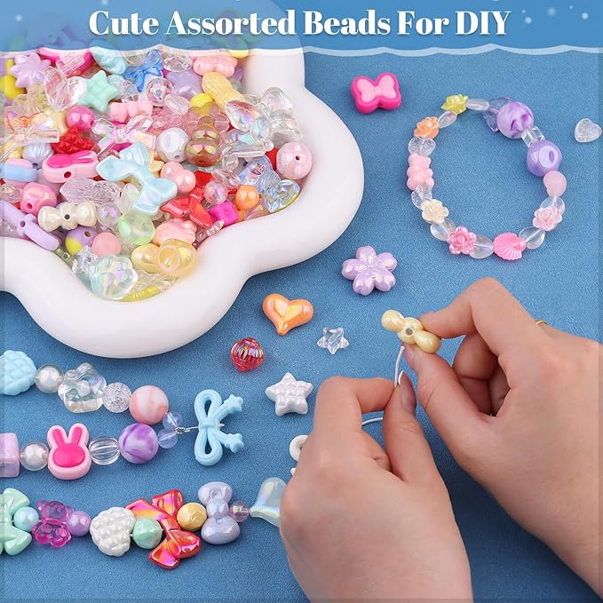 Assorted 170-230PCS Mixed Colors Acrylic Beads for Bracelet Making, Flower Bow Butterfly GummyBear Aesthetic Bracelet Charms,Cute Beads for Jewelry Making DIY Necklace Keychain Phone Charm-CubbioJoy