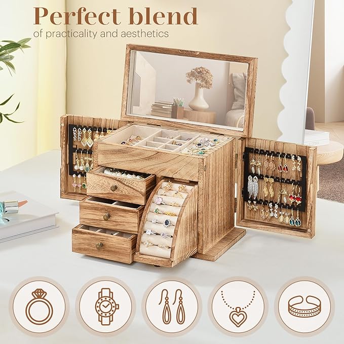 Jewelry Box Organizer, Solid Wood Jewelry Boxes fow Women with Mirror, Double Layer Jewelry Organizer Box Display Earring Necklace Bracelet Ring, Rustic Style Small Jewelry Box for Girls-CubbioJoy