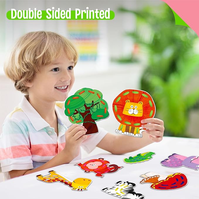 9 Pieces Lacing Cards, Double Sided Sewing Cards in 9 Jungle Animals with 9 Colorful Laces, Imagination Development Lacing Toys Games Educational and Learning Activity for Preschoolers, Kids-CubbioJoy