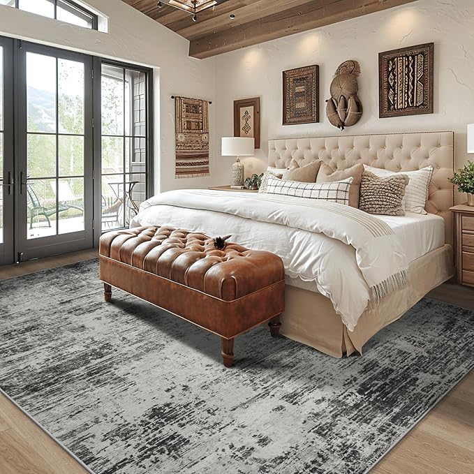 Area Rugs 8x10 Living Room Rugs: Modern Abstract Washable Rug with with Non-Slip Backing, Stain Resistant Indoor Floor Large Carpet for Bedroom Dining Room Table Nursery Hallway Home Office-Black/Gray-CubbioJoy