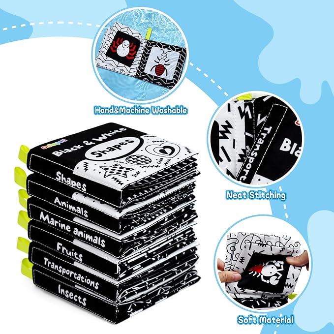 Dr.Rapeti Soft Cloth Books Baby Books Bath Books 6-Pack for Baby Infant Toddler Kids High Contrast Black and White Crinkle Washable Chewable Non-Toxic Early Educational Giftable-CubbioJoy