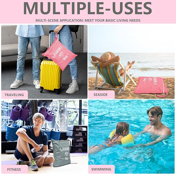 2 Pcs Large Travel Laundry Bag - Waterproof Wet Dry Washable for Dirty Clothes, Bathing Suit, Workout, Gym, Swimming, Yoga (Pink+Grey)-CubbioJoy