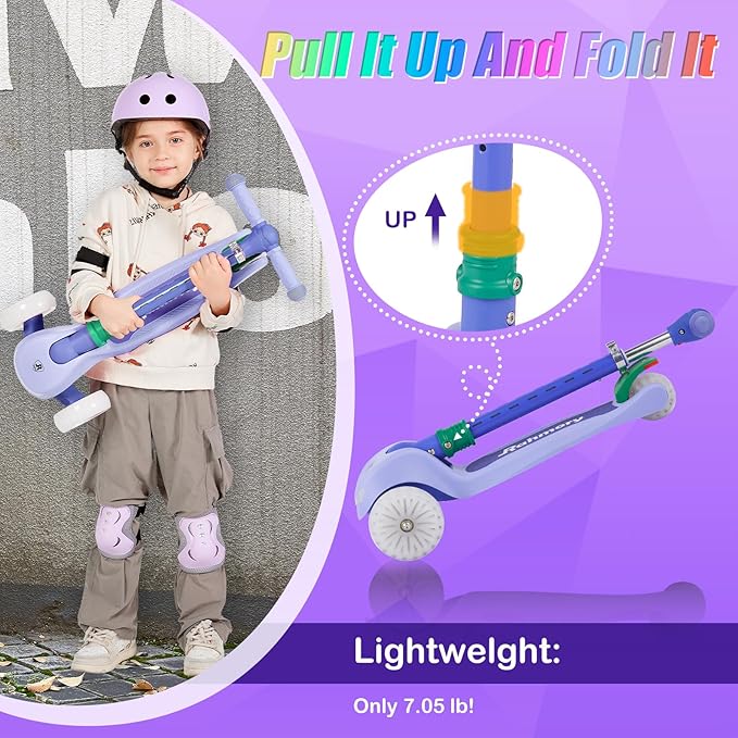3-Wheel Light-Up Kids Scooter, 20 Different Light Patterns,Three Adjustable Heights,Lean to Steer, Balance Scooter for Ages 3-8-CubbioJoy
