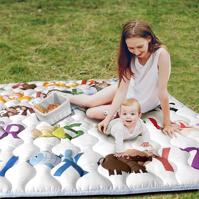 Baby Play Mat, 43x43 Mat with Super Soft Touch, Activity Mat with Upgraded Anti-Slip Bottom, Machine Washable Crawling Mat for Floor & Picnic(Animal Alphabets)-CubbioJoy