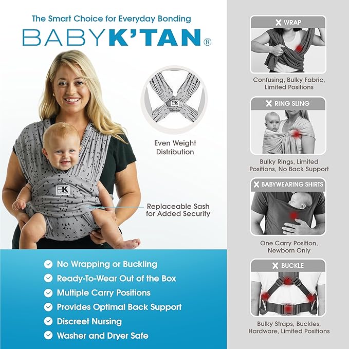Baby K'tan Baby Wrap Carrier - Pre Wrapped and Simple as 1-2-3, Pillowy Soft, Slip On - Not Like Any Newborn Sling, No Rings, No Tying, No Buckles - Original Sweetheart Grey (Large)-CubbioJoy