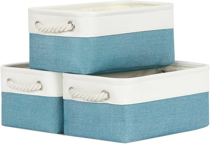 Bidtakay Small Storage Baskets for Shelves 3 Pack Fabric Storage Bins for Organizing Linen Collapsible Organizer for Closet-White&Teal-CubbioJoy