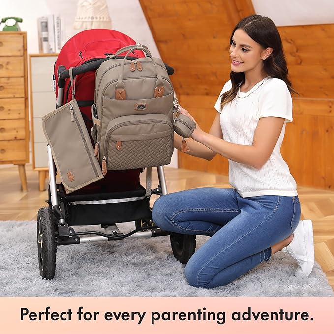 Dikaslon Diaper Bag Backpack with Portable Changing Pad, Pacifier Case and Stroller Straps, Large Unisex Baby Bags for Boys Girls, Multipurpose Travel Back Pack Moms Dads,Khaki-CubbioJoy