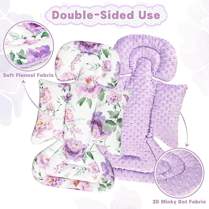 Infant Car Seat Insert, Soft Baby Car Seat Head & Body Support for Girl Boy, Reversible Newborn Preemie Carseat Insert Cushion with 3 Straps Pads Fits CarSeat, Stroller, Swing, Bouncer, Purple Floral-CubbioJoy