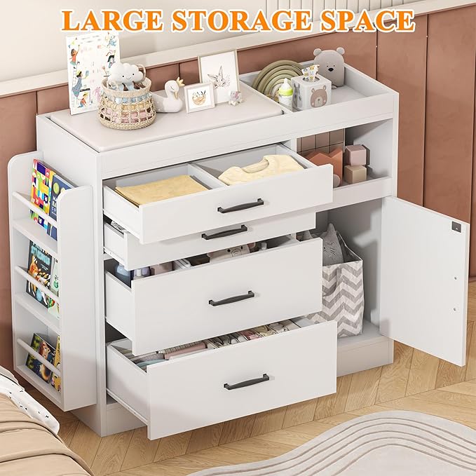 Bigbiglife Changing Table Dresser, Baby Nursery Dresser with 4 Drawers & 1 Cabinet & 3 Open Shelves Storage, Modern Diaper Changing Station for Children's Room, Changing Pad Included, White-CubbioJoy