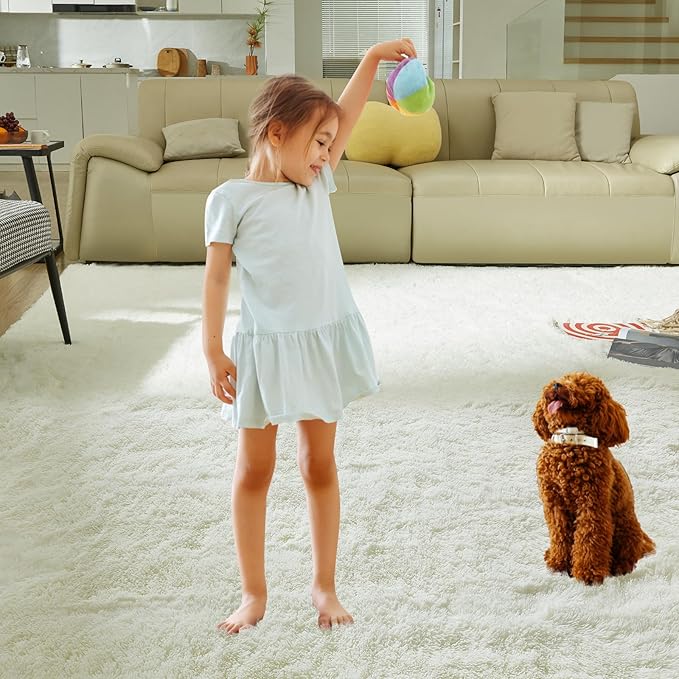 5X8 Ultra Soft Rug for Living Room, Fluffy Shag Area Rug for Bedroom, Modern Shaggy Carpets Fuzzy Rug for Teens Dorm Nursery Home Decor Aesthetic, Upgrade Anti-Skid Durable, Cream White-CubbioJoy