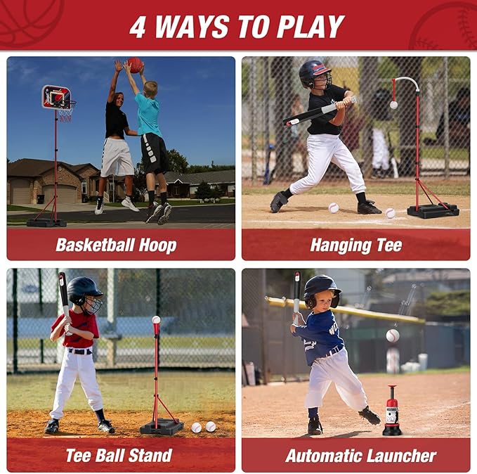 4 in 1 Kids Basketball Hoop and Tball Set for Toddlers 3-5, Basketball Goal with Scoreboard & LED, Hanging Tee Ball Stand with Baseball Pitching Machine, Indoor Outdoor Sport Toys for Boys 4-8-CubbioJoy