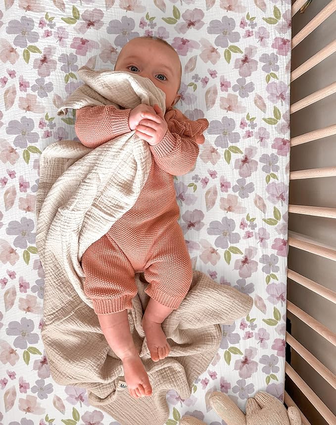 Bassinet Sheet for Baby Boy and Girl 2 Pack, Fitted Sheets for Rectangle, Oval, Hourglass Bassinet Mattress, Muslin Moses Basket Sheets with Neutral Style (Purple Petals & White)-CubbioJoy