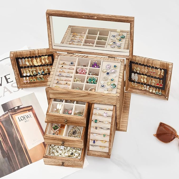 Jewelry Box Organizer, Solid Wood Jewelry Boxes fow Women with Mirror, Double Layer Jewelry Organizer Box Display Earring Necklace Bracelet Ring, Rustic Style Small Jewelry Box for Girls-CubbioJoy