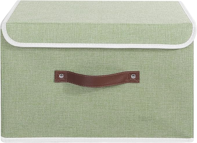 ANMINY Storage Bin with Lid Storage Boxes with PU Leather Handles PP Plastic Board Decorative Foldable Lidded Cotton Linen Fabric Home Cubes Baskets Closet Organizer Container - Green, Large Size-CubbioJoy
