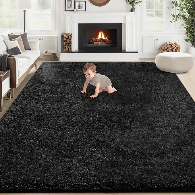 8x10 Area Rug for Living Room: Fluffy Shag Soft Washable Rugs Large Fuzzy Plush Indoor Carpet for Bedroom Nursery Playroom Kids Girls Boys Room (Black, 8'x10')-CubbioJoy