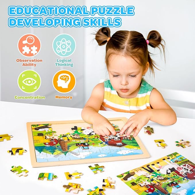 6 Packs Wooden Puzzles for Kids Ages 4-6, 60 Piece Wood Dinosaur Animals Jigsaw Puzzles for Toddlers Ages 3-5, Preschool Educational Learning Toys Gifts for 2 3 4 5 6 7 8 Boys Girls-CubbioJoy