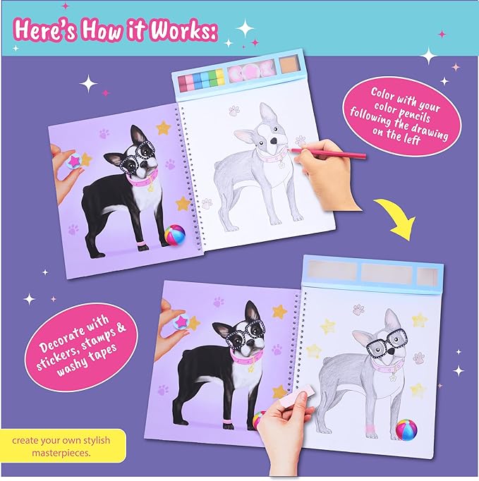 BSCOOL Dog in Style – Design Your Pet Fashion with 25 Coloring Pages, 3 Stamps, 50+ Stickers, Washi Tapes and Guides. Discover Unique Outfits for Dogs. Educational. Travel Friendly for Ages 5 and up.-CubbioJoy
