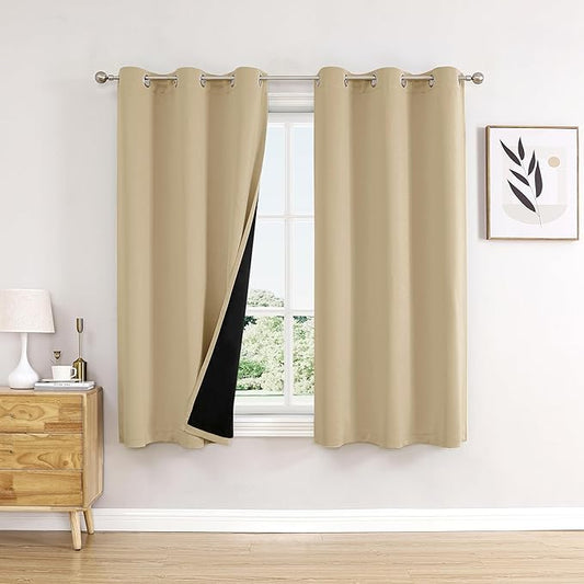 ChrisDowa 100% Blackout Curtains for Bedroom with Black Liner, 2 Thick Layers Total Blackout Thermal Insulated Grommet Small Window Curtains 2 Panels Set (Beige, 42 x 54 Inch)-CubbioJoy