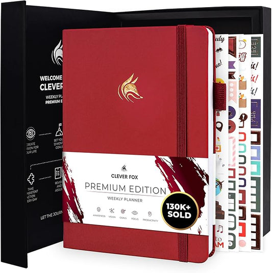 Clever Fox Planner Premium Edition – Undated Luxurious Weekly & Monthly Planner to Increase Productivity and Hit Your Goals – Organizer – Start Anytime, A5, Lasts 1 Year, Red (Weekly)-CubbioJoy