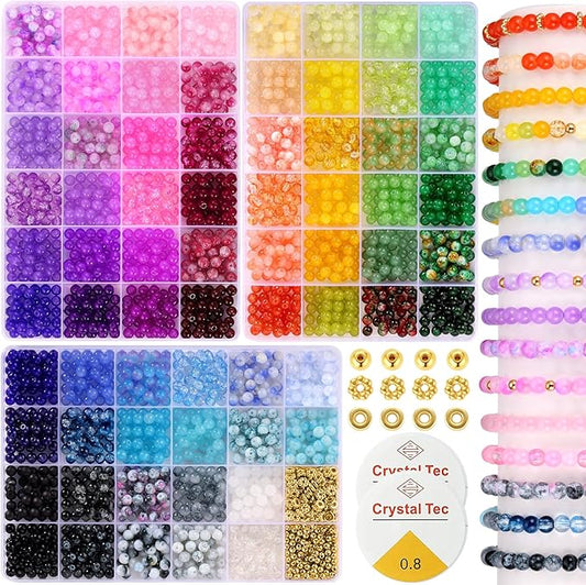 6mm Glass Beads for Bracelets, 2700pcs 70 Colors Crackle Glass Beads for Jewelry Making, Funtopia Round Crystal Beads for DIY Necklace Crafts with Spacer Beads, Solid and Floral Colors-CubbioJoy
