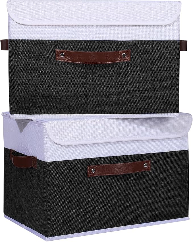 ANMINY 4PCS Storage Boxes with Lid Washable Decorative Storage Bins Basket with PU Leather Handle Foldable Linen Fabric Storage Cubes Containers for Home Closet Organizer - Black White, Large Size-CubbioJoy