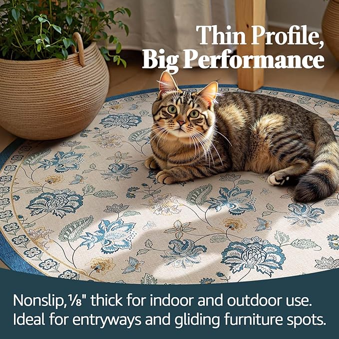 jinchan 8ft Floral Round Rug for Dining Room Washable Living Room Rug Vintage Romance Design Non Slip Indoor Floor Cover Lightweight Low-Profile Throw Carpet for Bedroom Porch Patio, Blue/Beige-CubbioJoy