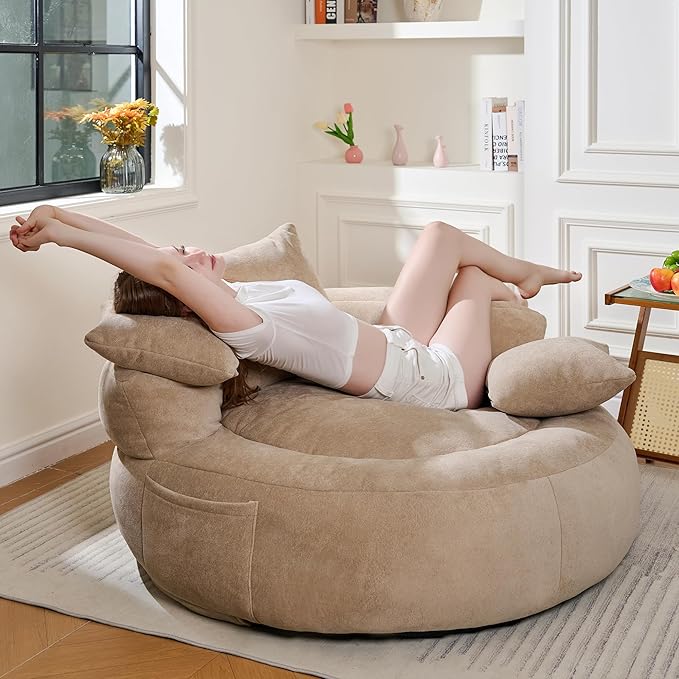 Bean Bag Chair for Adults, Comfortable Bean Bag Sofa with Back Support and Pillows, Giant Bean Bag Chairs Suitable for Living Rooms, Bedrooms and Apartments -Khaki-CubbioJoy