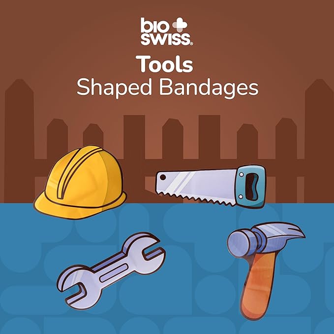 BioSwiss Bandages, Tools Shaped Self Adhesive Bandage, Latex Free Sterile Wound Care, Fun First Aid Kit Supplies for Kids and Adults, 24 Count-CubbioJoy