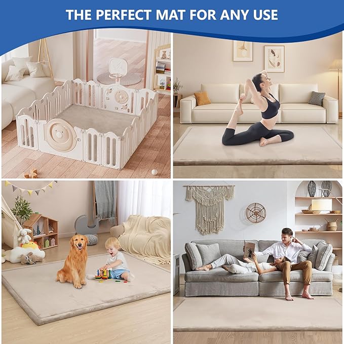 Baby Play Mat for Floor,1.3" Thick Memory Foam Tummy Time Mat,Soft Coral Velvet Nursery Rug,Extra Large Non Slip for Crawling,Toddlers,Infants,Kids,Tatami Style for Living Room(Beige)-CubbioJoy