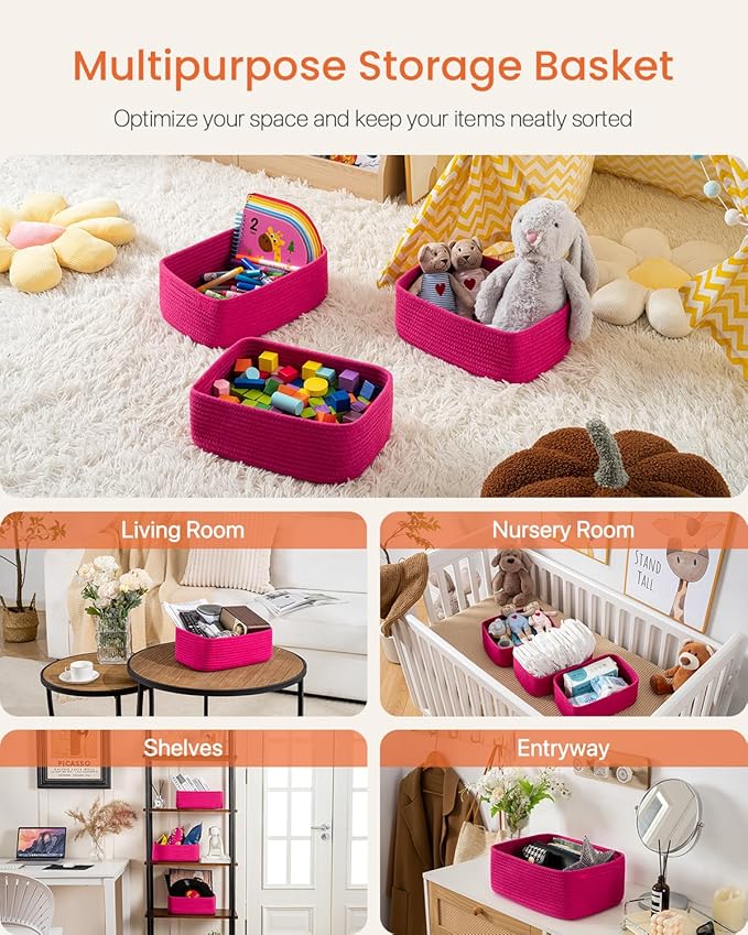 KALLAX Small Woven Basket, 12 x 8 x 4.5 Inches, Storage Basket for Organizing, Cute Small Rope Shelf Closet Cube Storage Bins Baskets for Shelves, Dog Toy Gift Baskets Empty, 3 Packs, Hot Pink-CubbioJoy