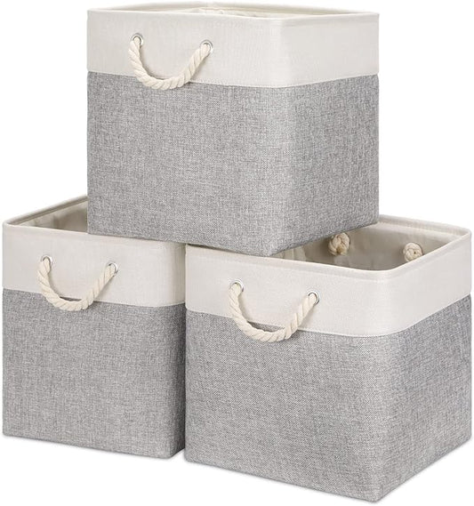 Bidtakay Fabric Basket Set - Large Square Organizer Bins, 13x13, Set of 3, White & Grey-CubbioJoy