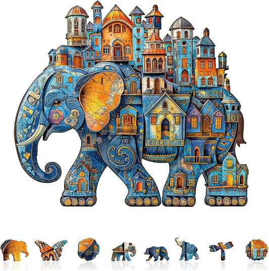 Jigfoxy Wooden Puzzles for Adults, Elephant House Wood Puzzles Adult, Unique Animal Shape Wooden Jigsaw Puzzles for Adults, Birthday Gifts for Puzzle Lovers, Family, Friend (S-8.5 * 7.4in-100pcs)-CubbioJoy