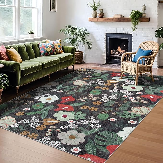 Area Rug Living Room Rugs: 5x7 Washable Rug Vintage Floral Soft Boho Non Slip Carpet Indoor Floor Non Shedding Low Pile Thin Carpets for Bedroom Dining Room Farmhouse Nursery Home Office Green-CubbioJoy