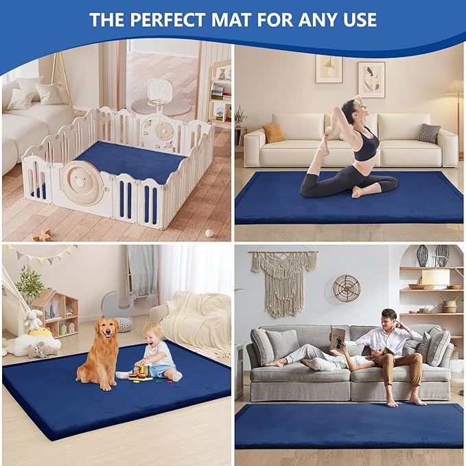 Baby Play Mat for Floor,1.3" Thick Elasti-Foam 74×50 Playpen Mat for Toddlers Infant kids,Water-Repellent Soft Coral Velvet for Tummy Time, Non-Slip Backing for Crawling,Tatami Style(Dark Blue)-CubbioJoy