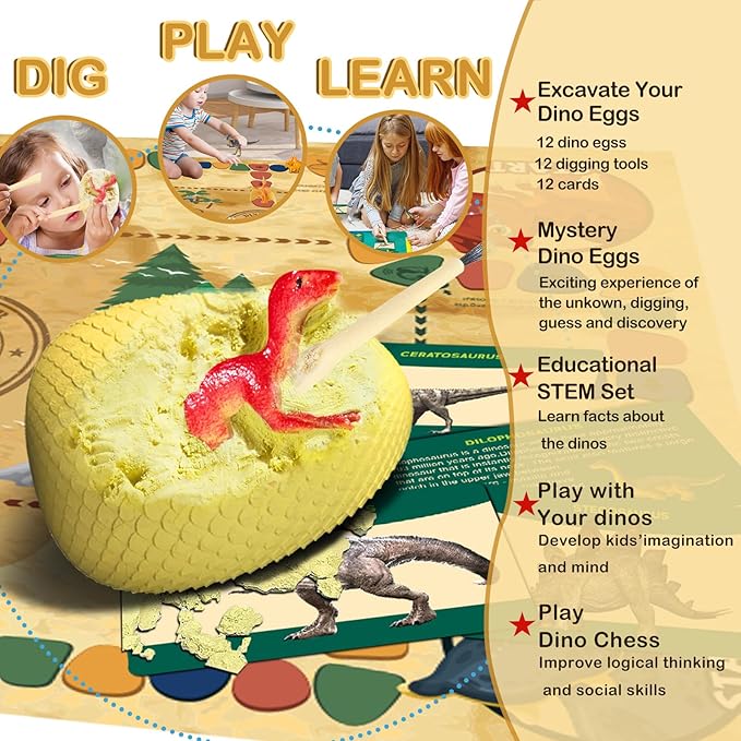 Dino Fossil Eggs Dinosaur Toys - 12 Dinosaur Eggs Dig Excavation Kit w Play Mat for Kids Ages 5-7 Easter Basket Essentials STEM Toy Christmas Birthday Gift for Boys Girls 3 4 5 6 7 8 + 8-13 Years Old-CubbioJoy