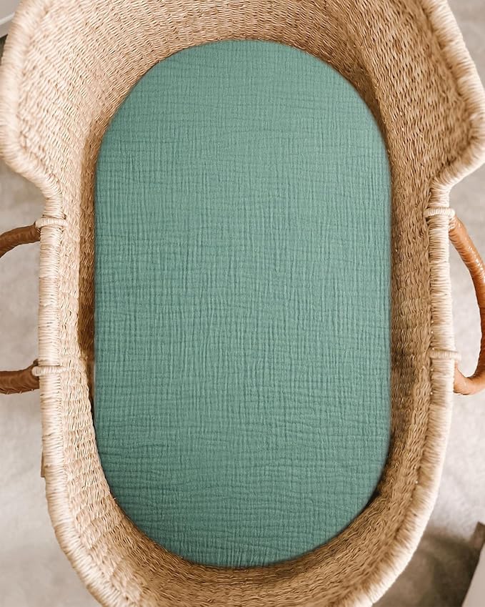 Bassinet Sheet for Baby Boy and Girl, Fitted Sheets for Rectangle, Oval, Hourglass Bassinet Mattress, Muslin Moses Basket Sheets with Neutral Style (Roman Green)-CubbioJoy