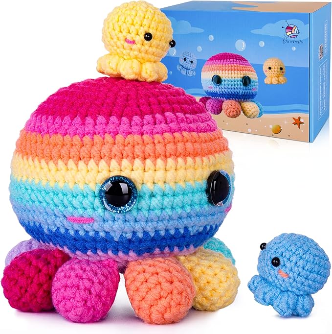 Crochetta Crochet Kit for Beginners, Crochet Kit Step-by-Step Video Tutorials, Crochet Starter Kit Learn to Crochet Kits for Adults Kids Beginners, Jumbo 3 Colorful Octopus Familly (40%+ Yarn Content)-CubbioJoy