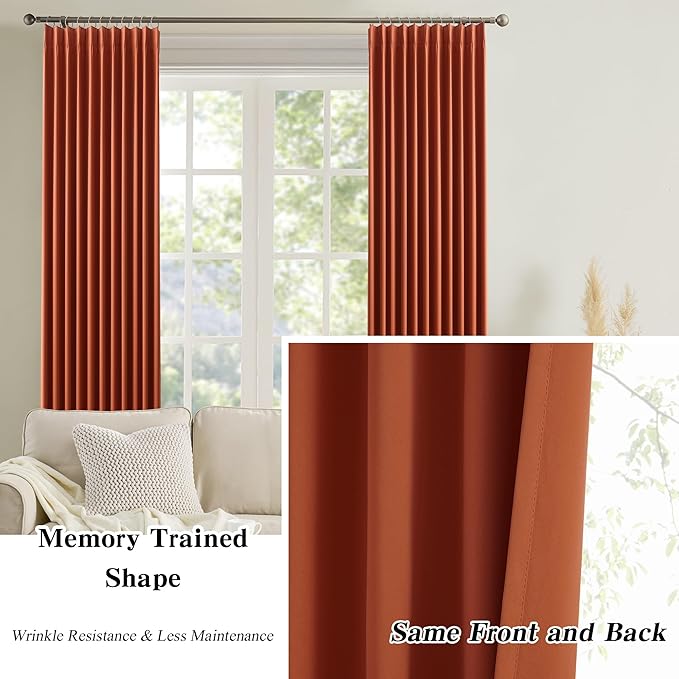 KEQIAOSUOCAI Extra Long Pinch Pleated Curtains 120 Inches Long 2 Panels Set, Pleat with Hooks, Thermal Insulated Blackout Window Drapes Rustic Curtain for Bedroom 40x120,Burnt Orange-CubbioJoy