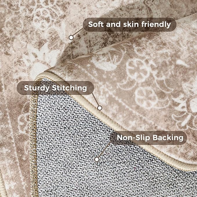 jinchan Round Rug 5ft Area Rug - Brown Vintage Floor Mat Kitchen Indoor - Washable Circle 5' Thin Floral Print Carpet Retro Farmhouse Non Slip Dining Room Living Room Bedroom Office-CubbioJoy