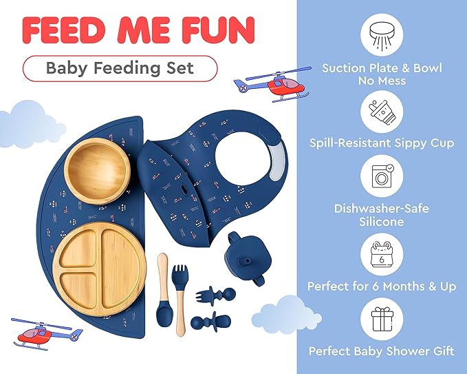 Bamboo Baby Feeding Set for Infants & Toddlers - Baby Essentials, Non-Toxic, Sustainable, Bamboo Suction Plate & Bowl, Bib, Sippy Cup w/Lid & Straw, Perfect Baby Shower Gifts (Midnight Blue)-CubbioJoy
